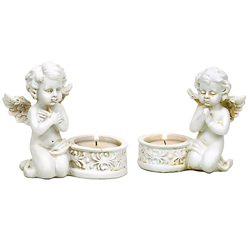 Set de 2 anges en prière avec bougeoir – 10x9 cm, 230 g. Pour méditation, déco ou souvenir lumineux.