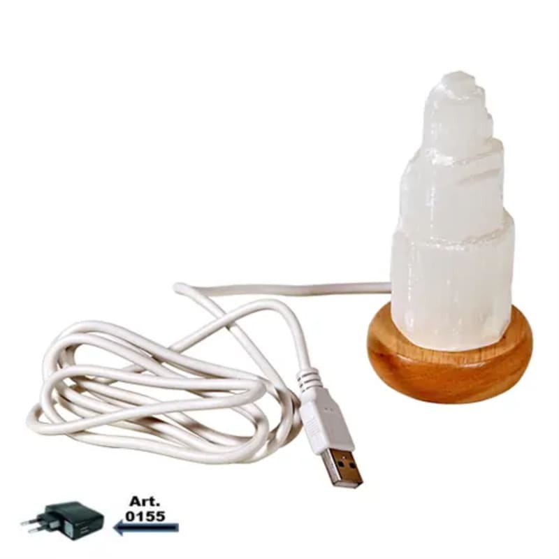 Lampe en sel USB â 4 couleurs changeantes, forme monolithe sur socle en bois dâacacia. Provenance Inde. 9â10 cm / 450 g. !