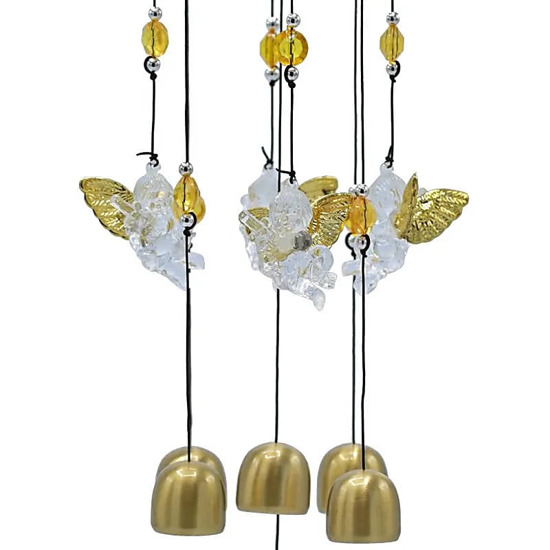 Carillon à vent a cinq cloches avec des anges transparents aux ailes dorées - 65 cm - 143 gr.