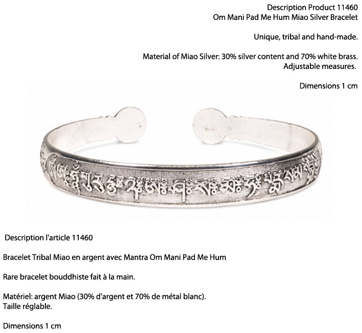 Bracelet manchette en laiton argenté, gravé d’un Mantra bouddhiste ou de motifs fantaisie – Élégant et spirituel !