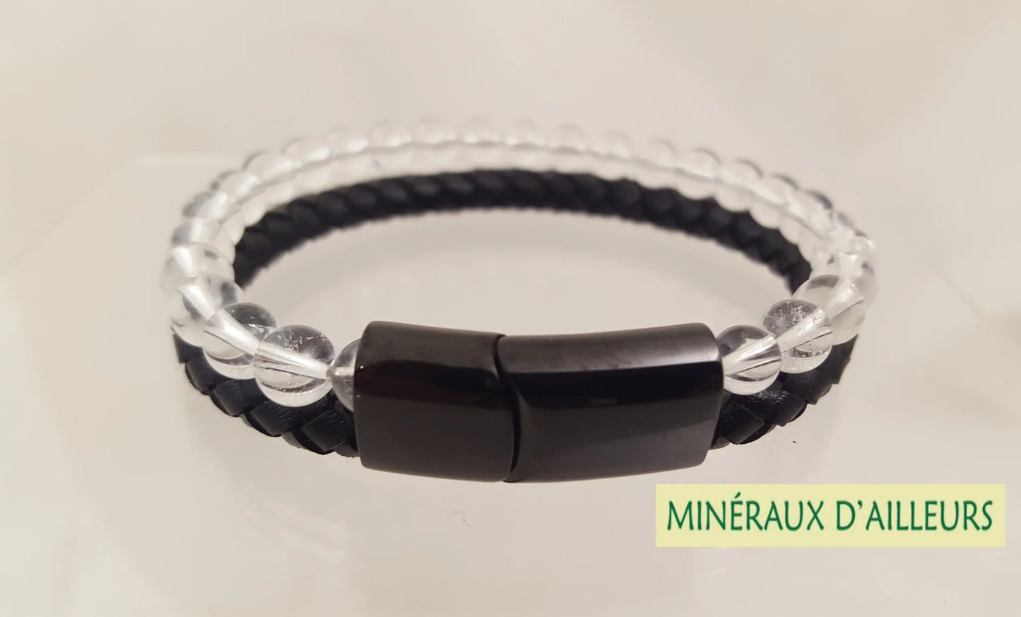 Bracelet, collection n°4, double-rang perles 8 mm, cuir + fermoir magnétique, 20,5 cm, perles AA-AAA !
