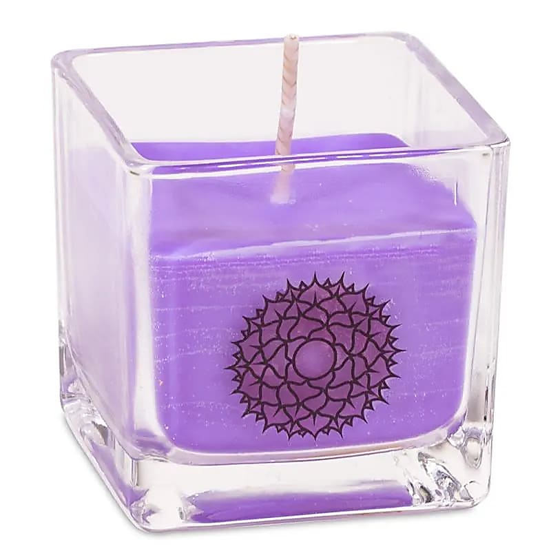 Bougies '7 chakras' en pot, en cire de colza, 25 H. de combustion - 6x6x6 cm - 88 grammes par pot !