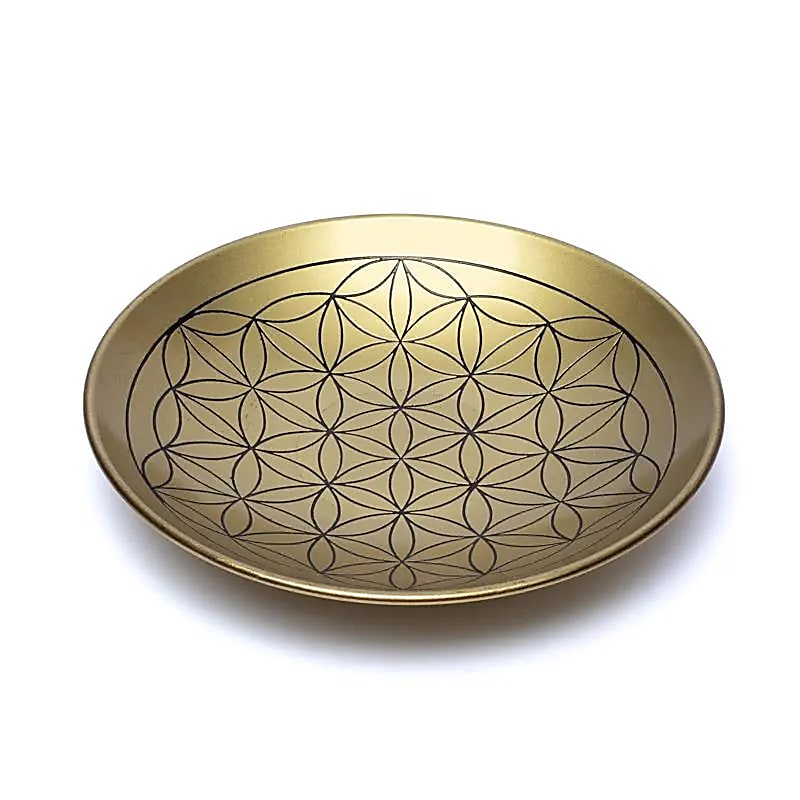 Assiette décorative avec le symbole de fleur de vie gravé, en laiton ou cuivre. Ø 15cm x 2,8 - 120 gr. Très belle qualité, inaltérable, parfait !