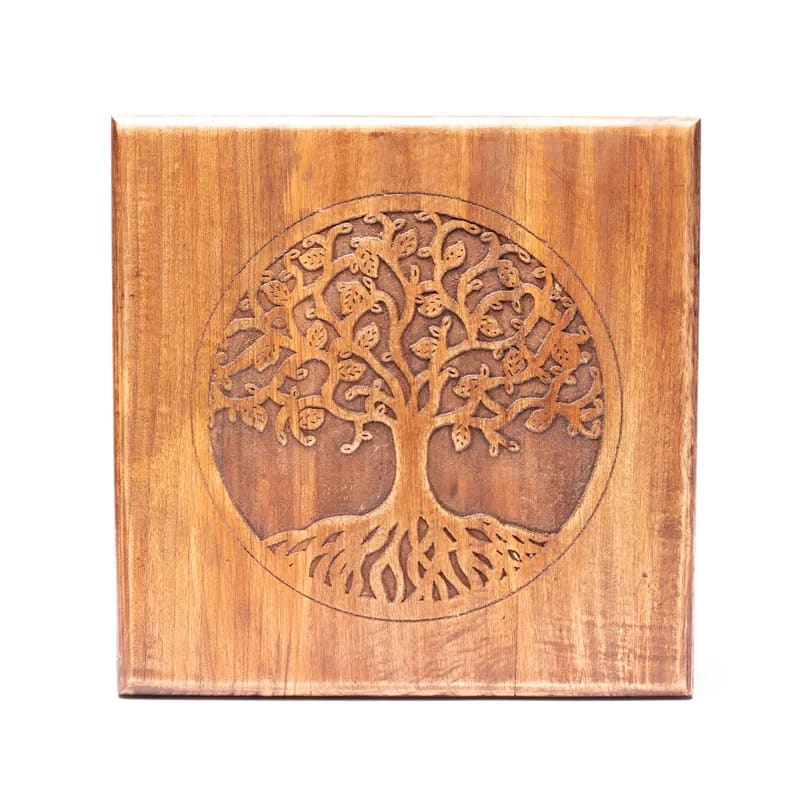 Table d'appoint/ Autel, en bois d'acacia avec motifs 'Fleur ou Arbre de vie', 30x30x23 cm/ 2250gr. - Haute qualité des garvures de symboles !