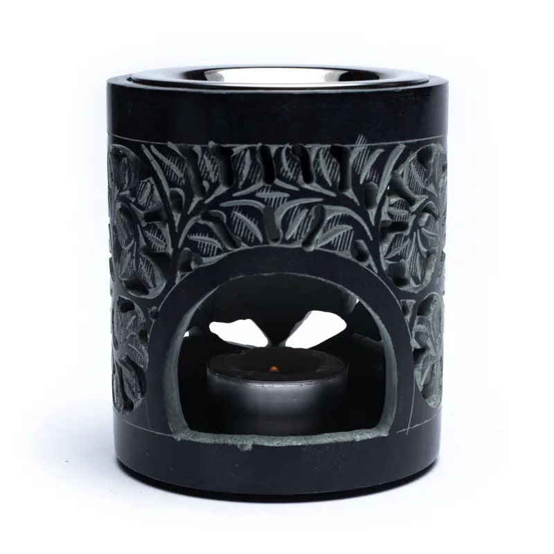 Encensoir/ Lampe en pierre à savon noire polie de 11cm - 860 gr. Excellente qualité. Produit livré avec un tamis et un plateau !