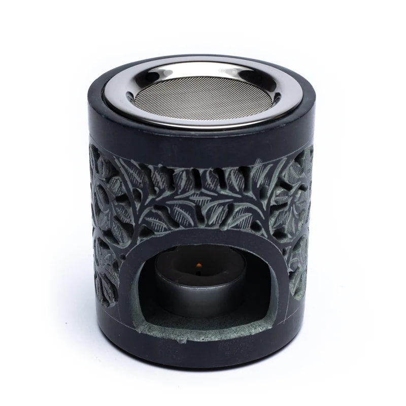 Encensoir/ Lampe en pierre à savon noire polie de 11cm - 860 gr. Excellente qualité. Produit livré avec un tamis et un plateau !