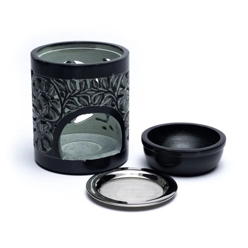 Encensoir/ Lampe en pierre à savon noire polie de 11cm - 860 gr. Excellente qualité. Produit livré avec un tamis et un plateau !