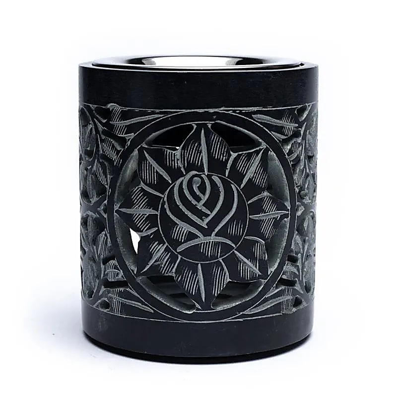 Encensoir/ Lampe en pierre à savon noire polie de 11cm - 860 gr. Excellente qualité. Produit livré avec un tamis et un plateau !