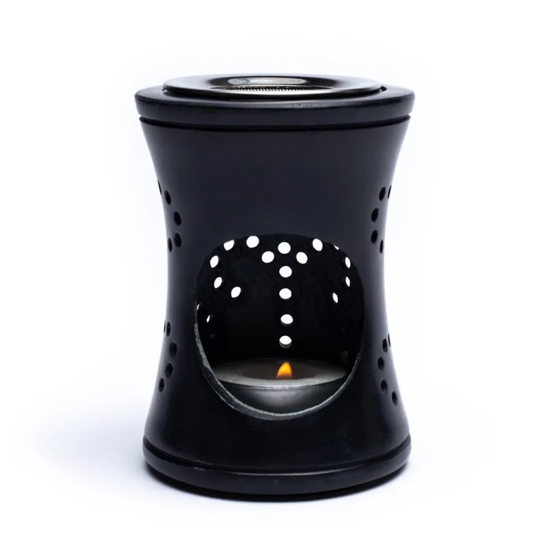 Encensoir/Lampe en pierre ollaire noire, 10 cm - 470 g, avec tamis et plateau – brûleur & diffuseur 2-en-1 !