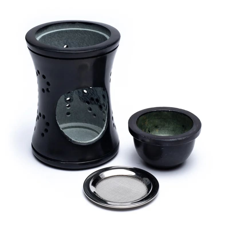 Encensoir/Lampe en pierre ollaire noire, 10 cm - 470 g, avec tamis et plateau – brûleur & diffuseur 2-en-1 !