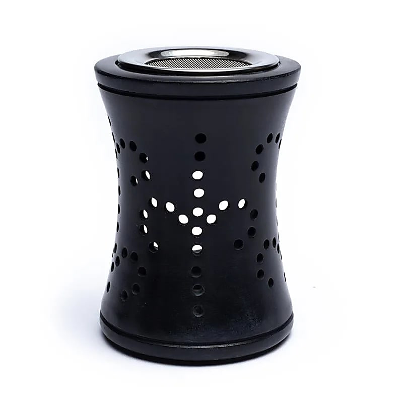 Encensoir/Lampe en pierre ollaire noire, 10 cm - 470 g, avec tamis et plateau – brûleur & diffuseur 2-en-1 !