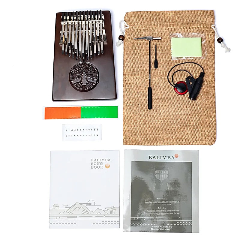 Kalimba Hluru 'electro', 24 notes en noyer d’Amérique, gravé d’un arbre de vie sculpté, pour une musique riche et vibrante !