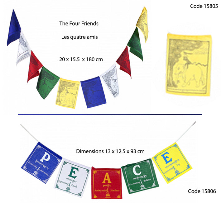 Sélection de drapeaux de prières Bouddhiste, de 0,93 à 8m de long. Très belle qualité, parfait pour les Rituels, effets assurés !