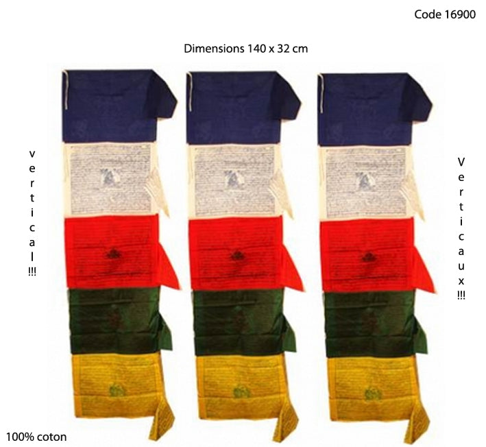Sélection de drapeaux de prières Bouddhiste, de 0,93 à 8m de long. Très belle qualité, parfait pour les Rituels, effets assurés !