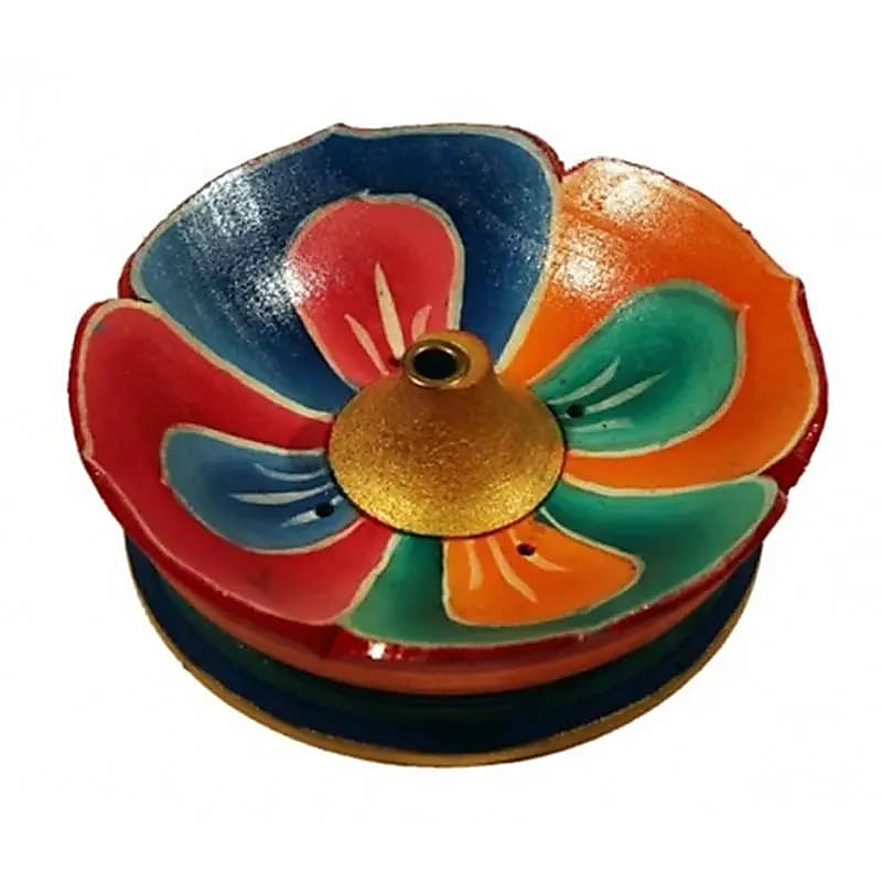Brûle-bâtons d'encens en bois verni 9 cm – 50 g, décor lotus peint à la main, artisanat raffiné !