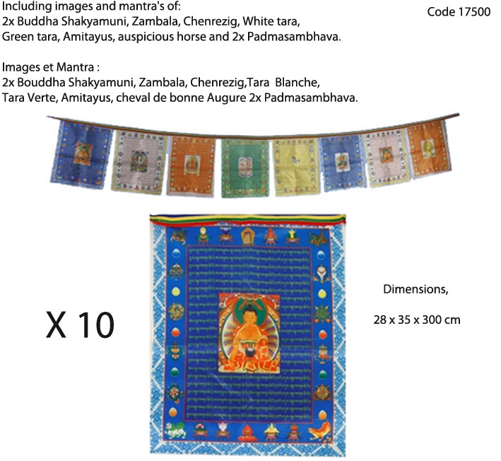 Sélection de drapeaux de prières Bouddhiste, de 0,93 à 8m de long. Très belle qualité, parfait pour les Rituels, effets assurés !