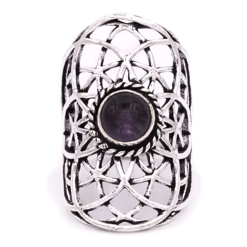 Bague réglable avec Fleur de vie et cabochon en améthyste. Fait en laiton argenté. Superbe pièce !