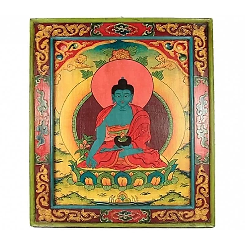 Thangka (panneau en bois sacré) du Bouddha 'medecin', de 66 x 52 centimètres, incroyable conception dans un cadre en bois de pin, soigneusement peints à la main dans de belles couleurs chatoyantes !