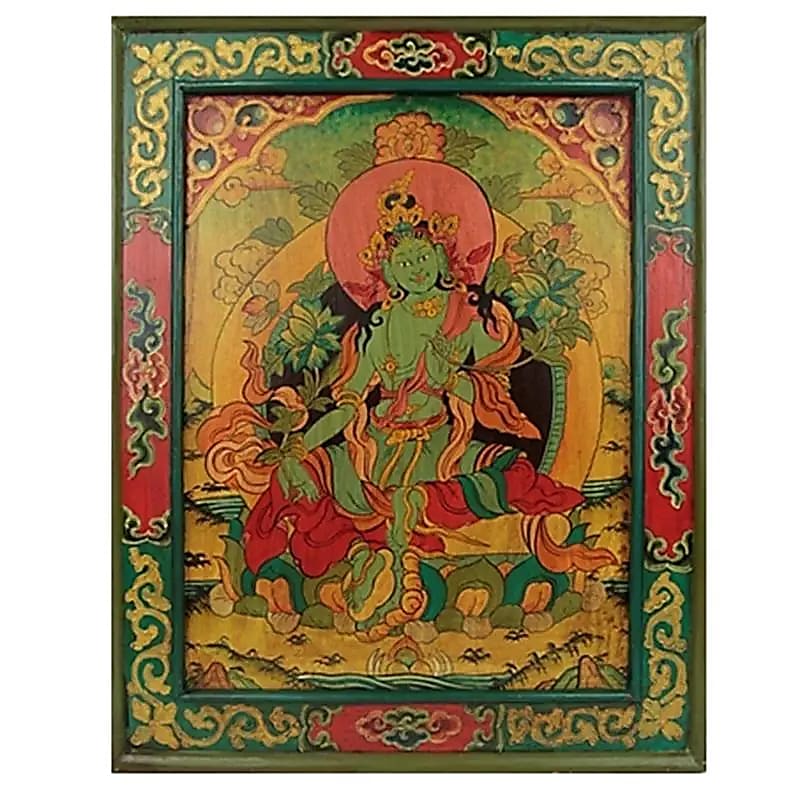 Thangka (panneau en bois sacré) de TARA VERTE de 66 x 52 centimètres, incroyable conception dans un cadre en bois de pin, soigneusement peints à la main dans de belles couleurs chatoyantes !