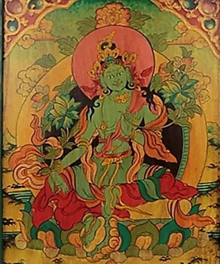 Thangka (panneau en bois sacré) de TARA VERTE de 66 x 52 centimètres, incroyable conception dans un cadre en bois de pin, soigneusement peints à la main dans de belles couleurs chatoyantes !