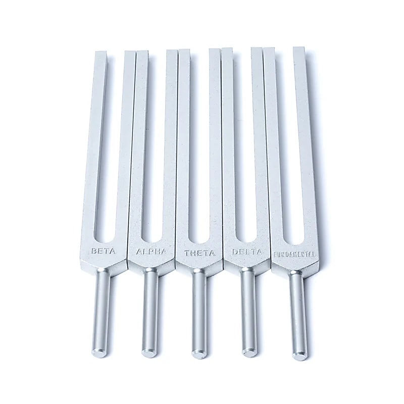 'Brainwaves' set of 5 tuning forks, made of anodized aluminum with a silver finish, measuring 29x24 centimeters. Comes in a blue velvet pouch!