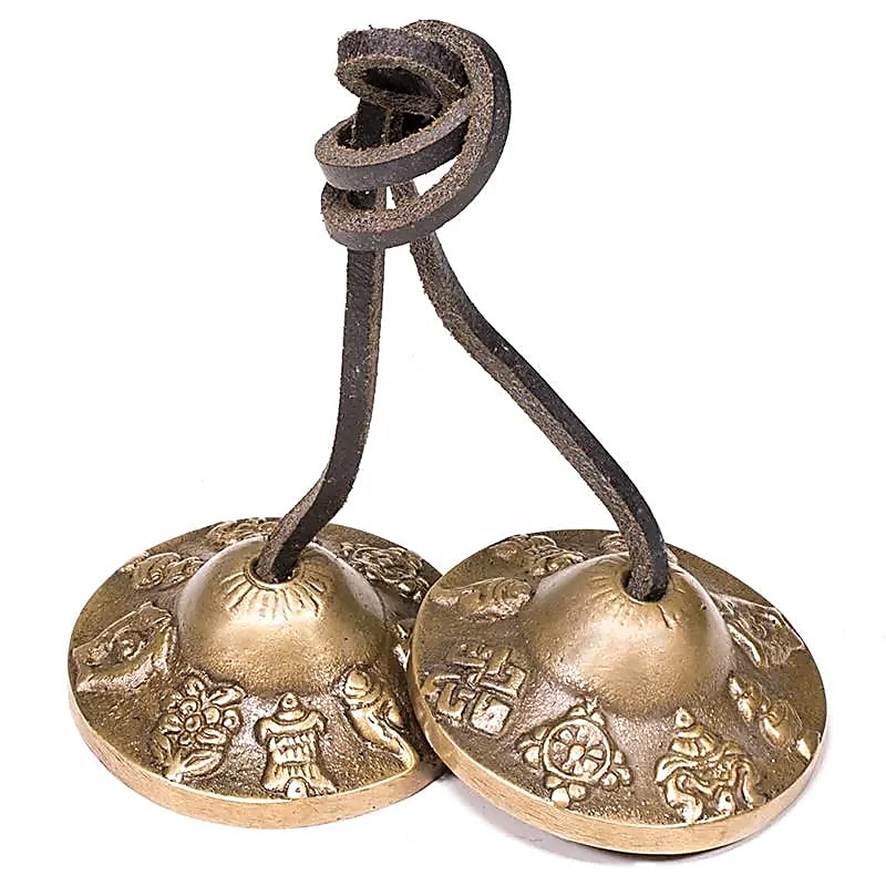 Cymbale TibétaineTingsha, avec gravure des symboles auspicieux Bouddhiste, 3 tailles au choix de 5,5 à 7,5 cm. Utilisées comme offrandes musicales !