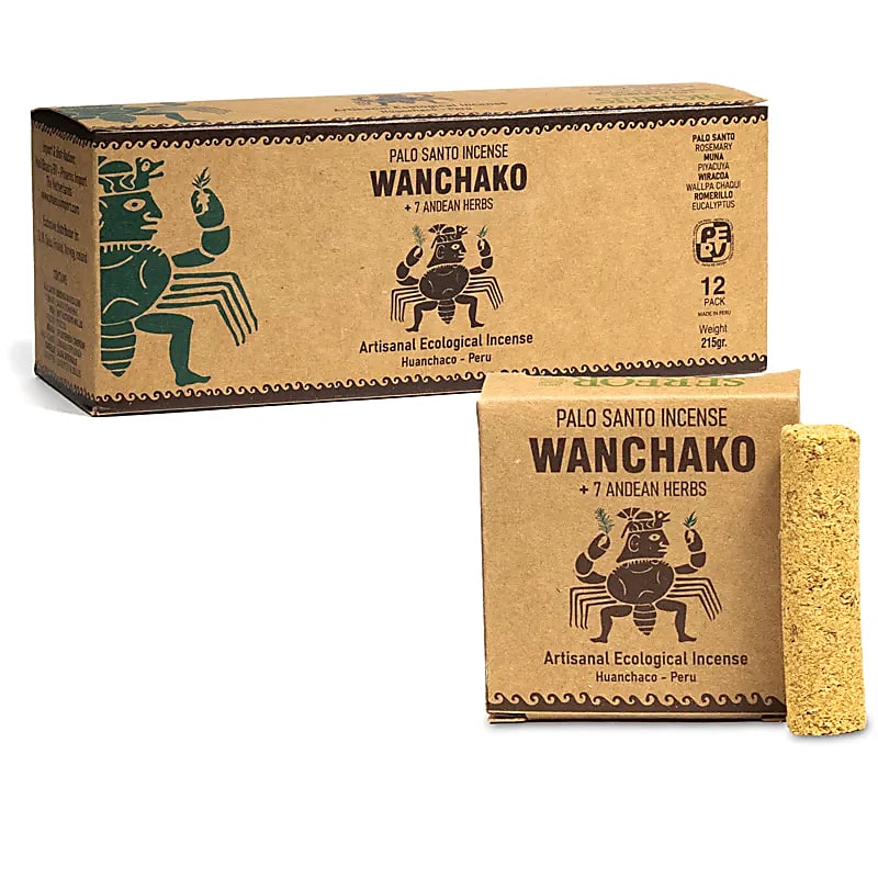 Encens Wanchako péruvien – Palo Santo pur, 2 versions : nature ou 7 herbes 🌿. Boîte de 4 piles à découper !