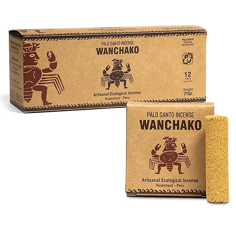 Encens Wanchako péruvien – Palo Santo pur, 2 versions : nature ou 7 herbes 🌿. Boîte de 4 piles à découper !