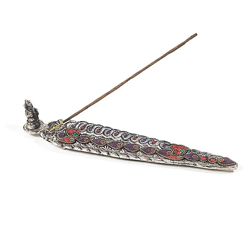 Portes-encens feuille avec Bouddha ou Ganesh – Couleur dorée ou argentée, perle assortie. Parfait pour encens fins. Taille 25×5,5×5 cm – 100 g !