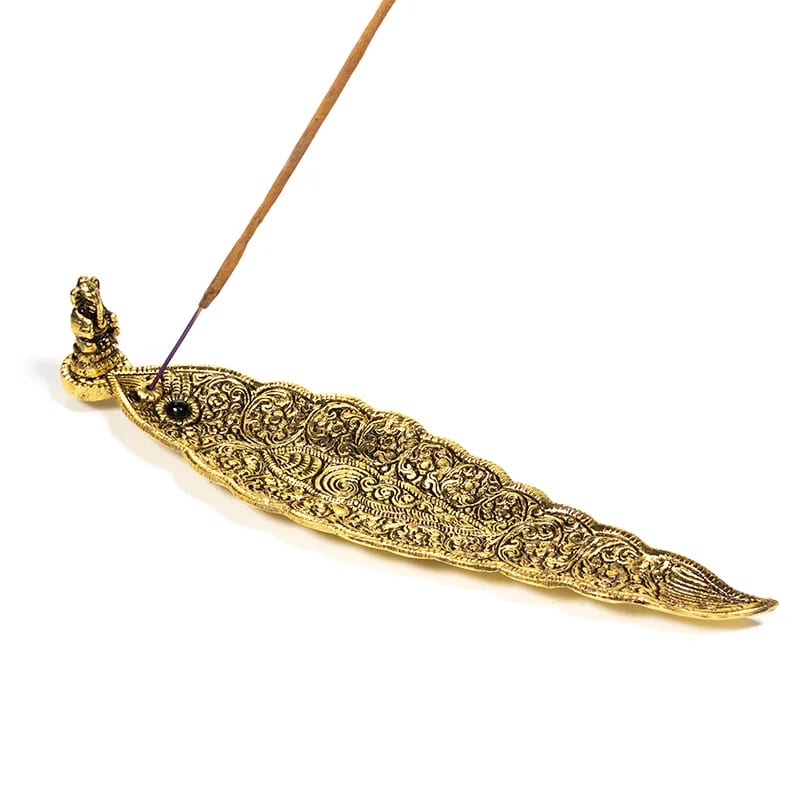 Portes-encens feuille avec Bouddha ou Ganesh – Couleur dorée ou argentée, perle assortie. Parfait pour encens fins. Taille 25×5,5×5 cm – 100 g !