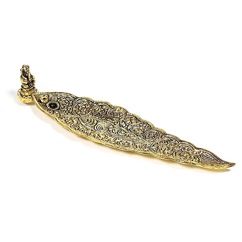Portes-encens feuille avec Bouddha ou Ganesh – Couleur dorée ou argentée, perle assortie. Parfait pour encens fins. Taille 25×5,5×5 cm – 100 g !