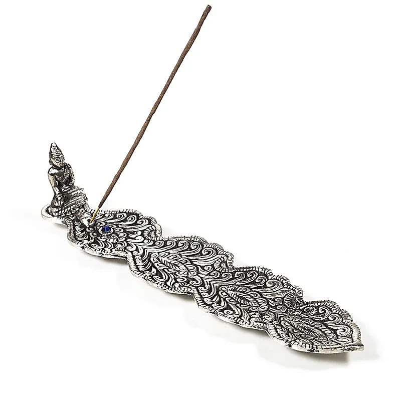 Portes-encens feuille avec Bouddha ou Ganesh – Couleur dorée ou argentée, perle assortie. Parfait pour encens fins. Taille 25×5,5×5 cm – 100 g !