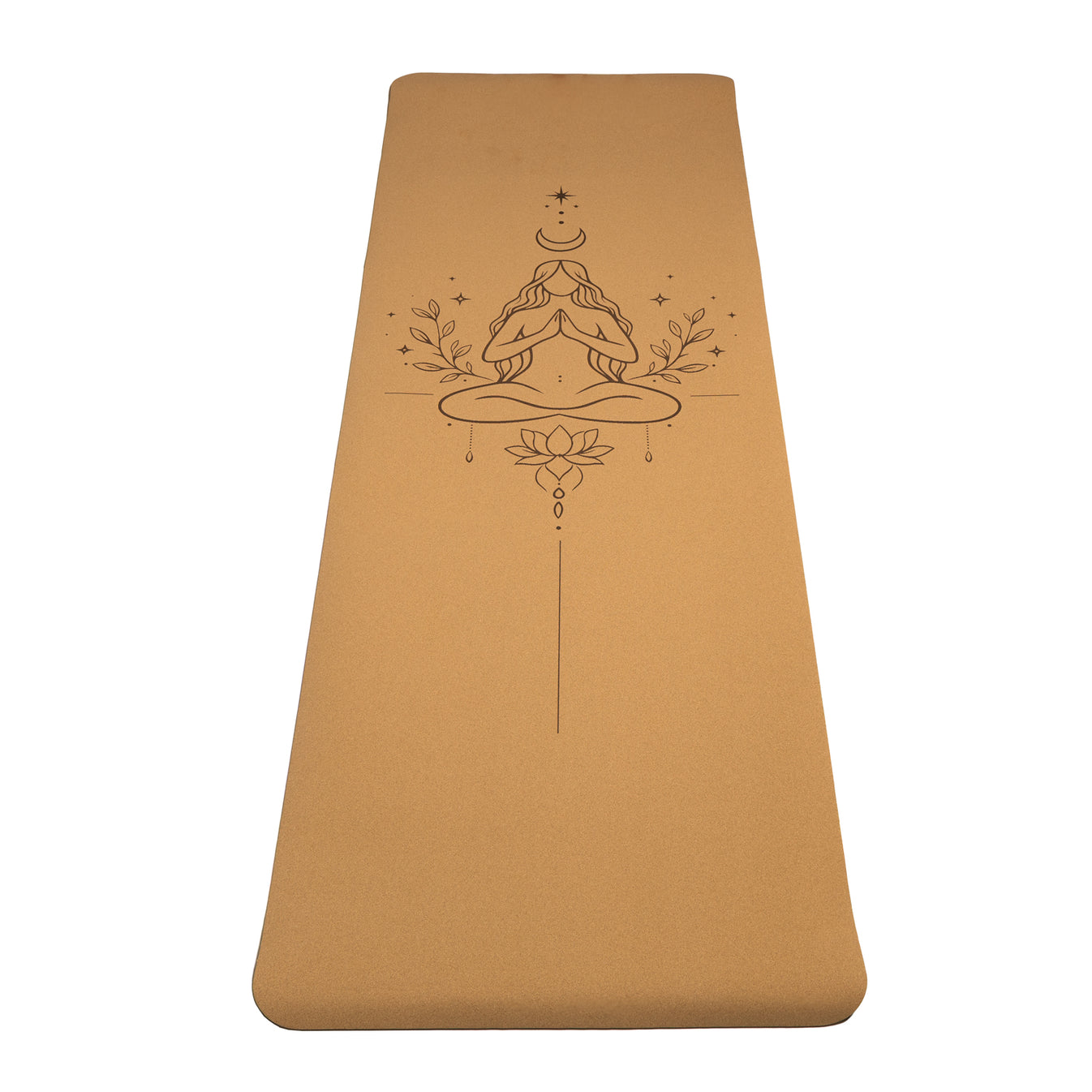 Tapis de yoga en liège / TPE de chez Yogi & Yogini, avec motif du féminin divin - 61x183x0.5 cm