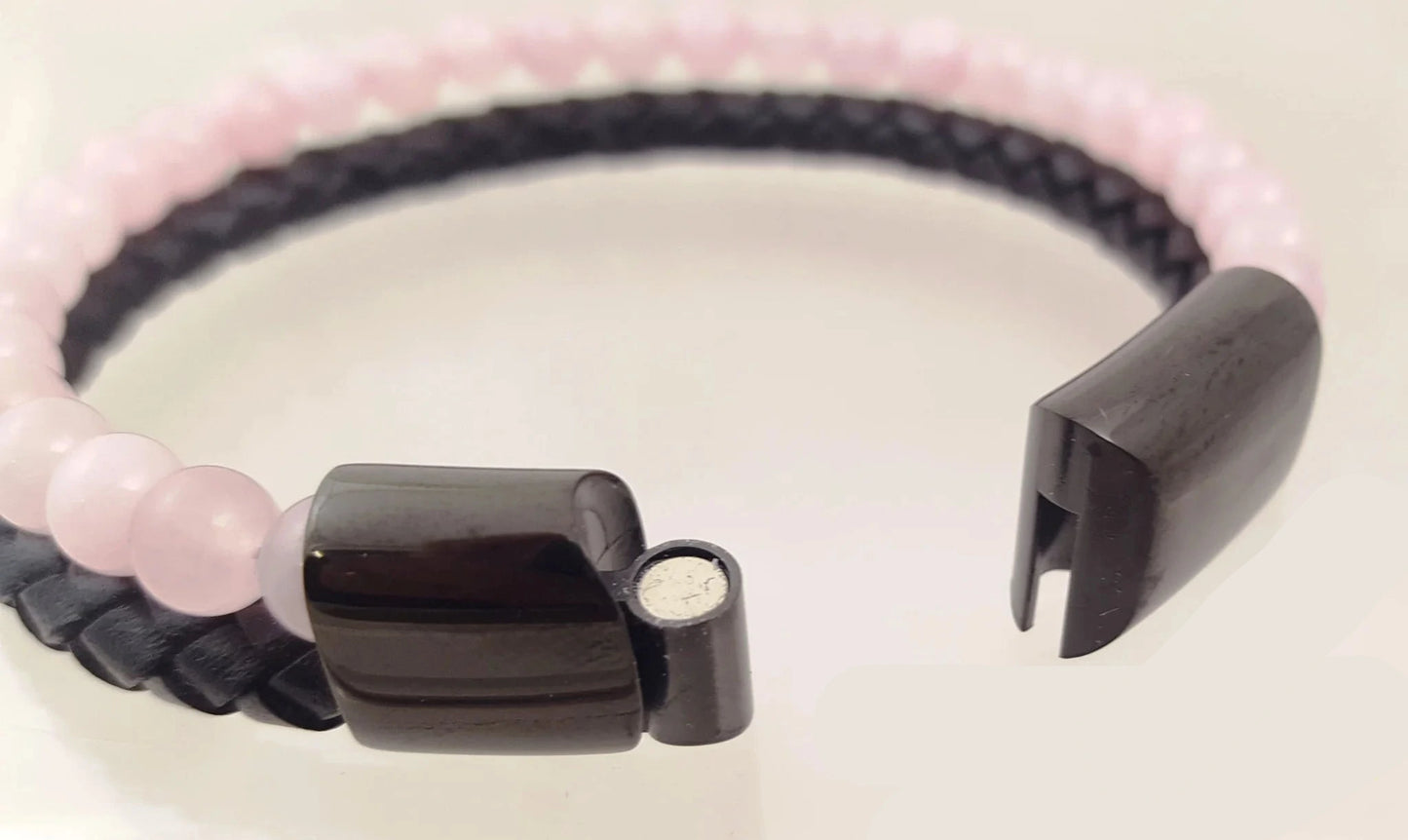 Bracelet, collection n°4, double-rang perles 8 mm, cuir + fermoir magnétique, 20,5 cm, perles AA-AAA !