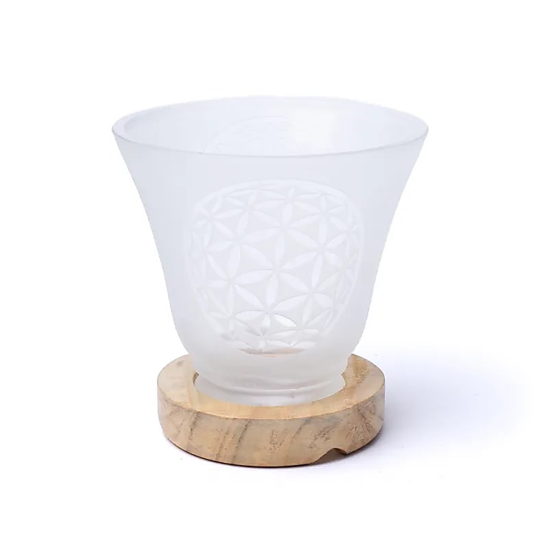 Lampe/ coupelle 'à gemme' avec motif 'Fleur de vie' avec câble et LED, sur socle en bois d'orme. Provenance : Inde - 12 x 12 cm - 0,400 kg !