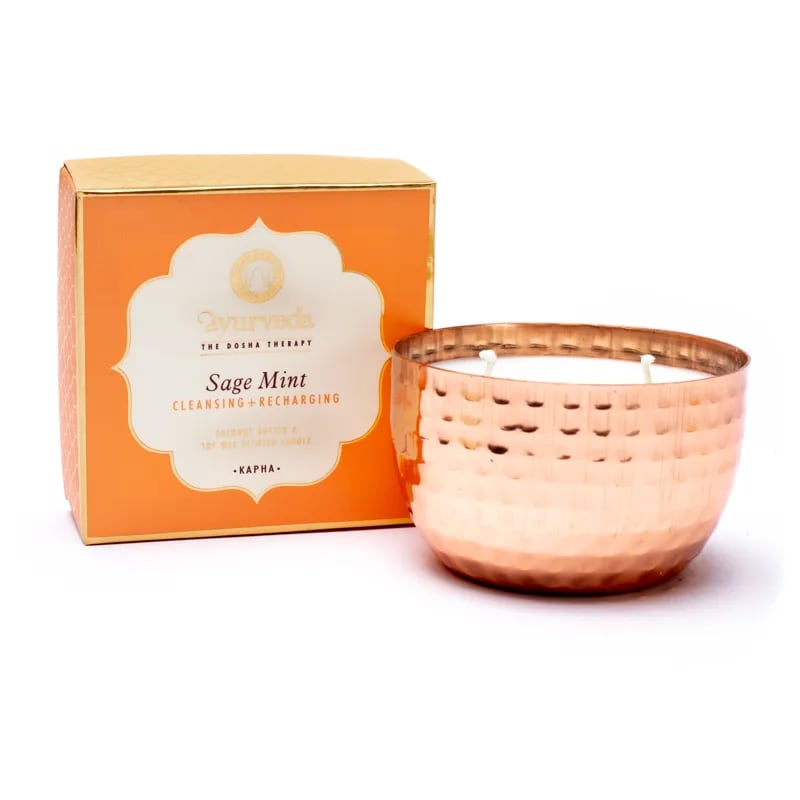 Bougie parfumée Ayurvédique, 6x9 cm - 20H de combustion. Kapha Sauge et menthe - nettoyant et rechargeant Beurre de coco et cire de soja Moins de fumée et de suie grâce à la mèche en coton Aux huiles essentielles naturelles !