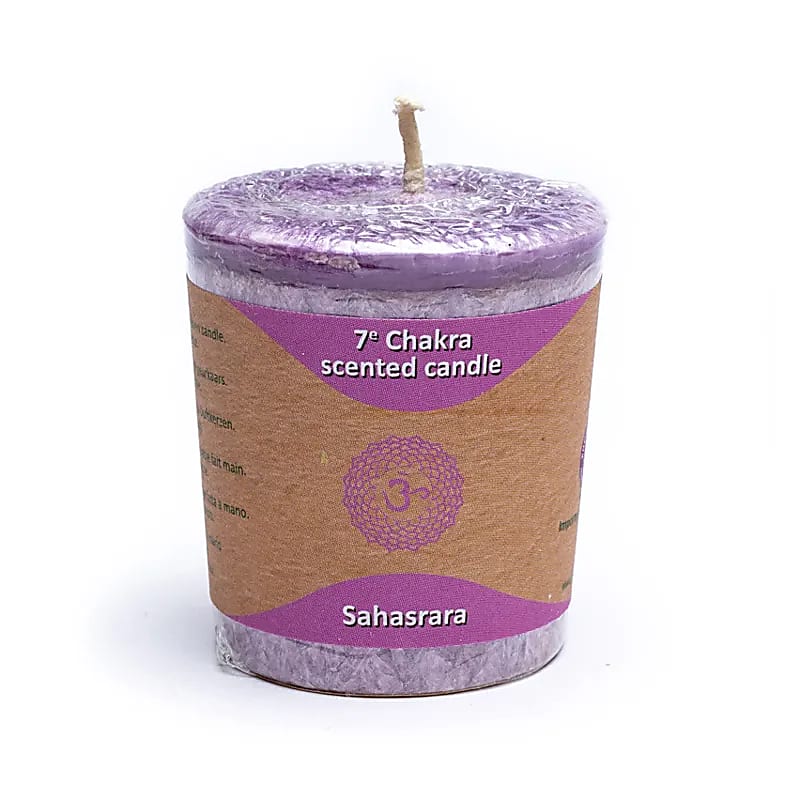 Bougies votives parfumées des Chakra, a l'unité ou en set de 7 - 15 H. de combustion - 4,5x4 cm - 450 grammes les 7 !