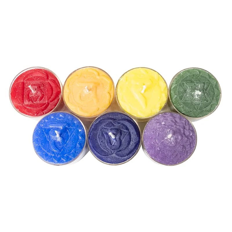 Bougies chauffe-plat parfumées des Chakra, en set de 7 - 5 H. de combustion - 4x2 cm - 150 grammes les 7 !