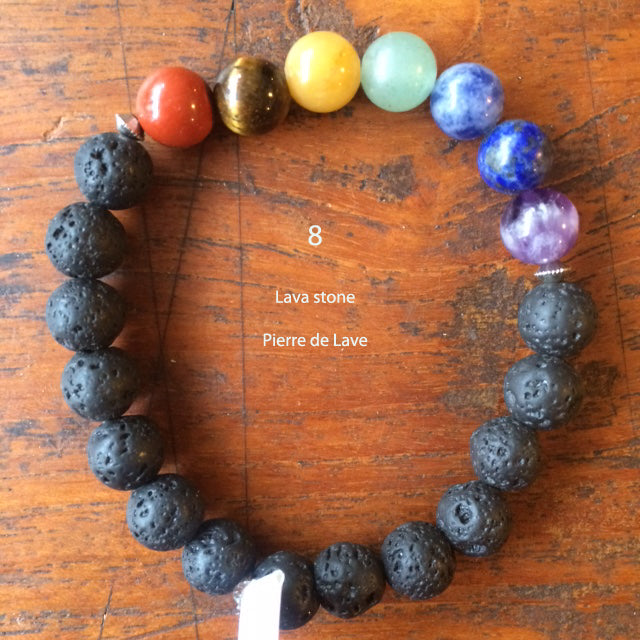 Collection de bracelets 7 chakras ou avec 'Charms' avec perles de 8 mm. Disponible de 17 à 21 cn de longueur. Qualité AA à AAA !