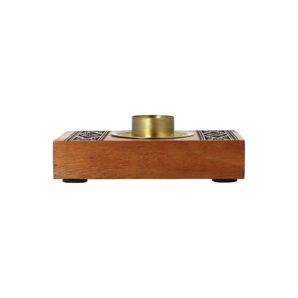 Brûleur en bois d'acacia avec motif tribal pour brûler des bâtons de palo santo - 12 x 7 x 3,5 cm