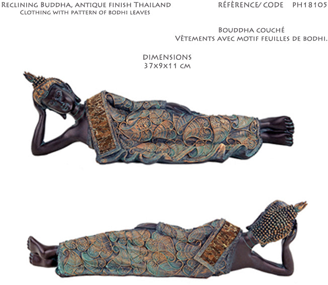 Bouddha couché/ allongé de taille 36x9x11cm. Habillage en textiles et liège, superbe pièce !