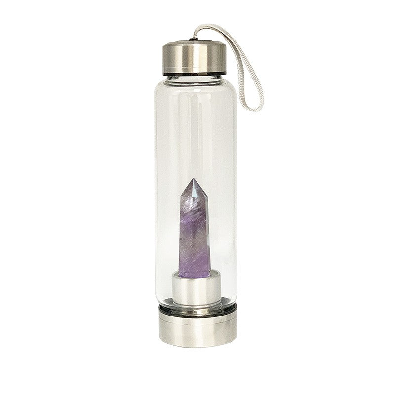 Sélection de carafes en verre et acier inoxydable de 550 ml. Pour élixir ou dynamisation de l'eau, au choix : Améthyste, Labradorite, œil de tigre ou Cristal de roche. Vendu avec housse !