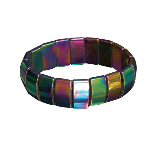 Bracelet en plaquette et perle d'hématite. Naturel ou Titane (arc-en-ciel) - Dimension : Plaquette d'environ 17 mm. Monté sur élastique haute résistance !