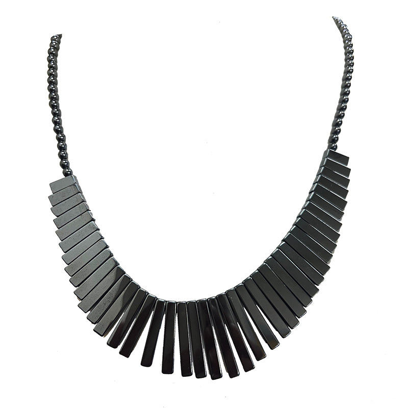 Hématite, collier 'Cléopâtre' en perles rondes de 6 mm avec panoramique de barrettes de 2 à 3 cm. 45 cm - 3 finitions au choix pour le fermoir Argent, laiton doré ou argenté !