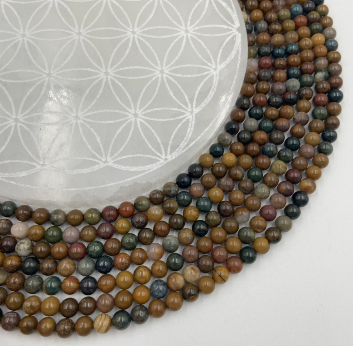 Jaspe Polychrome/ Océan - Perles rondes de 6 ou 8 mm. Vendu en fil de perle 38/39 cm, en bracelet de 17 à 21cm, en collier de 45 ou sautoir de 60cm. Qualité AA à AAA !