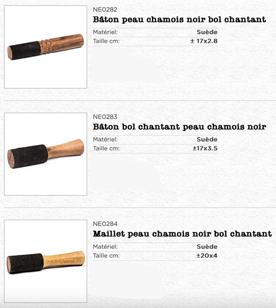Sélection de maillets divers, + de 30 modèles en 1 coup d'oeil ! Pour bol chantant et gong et autres, plusieurs modèles et tailles au choix !