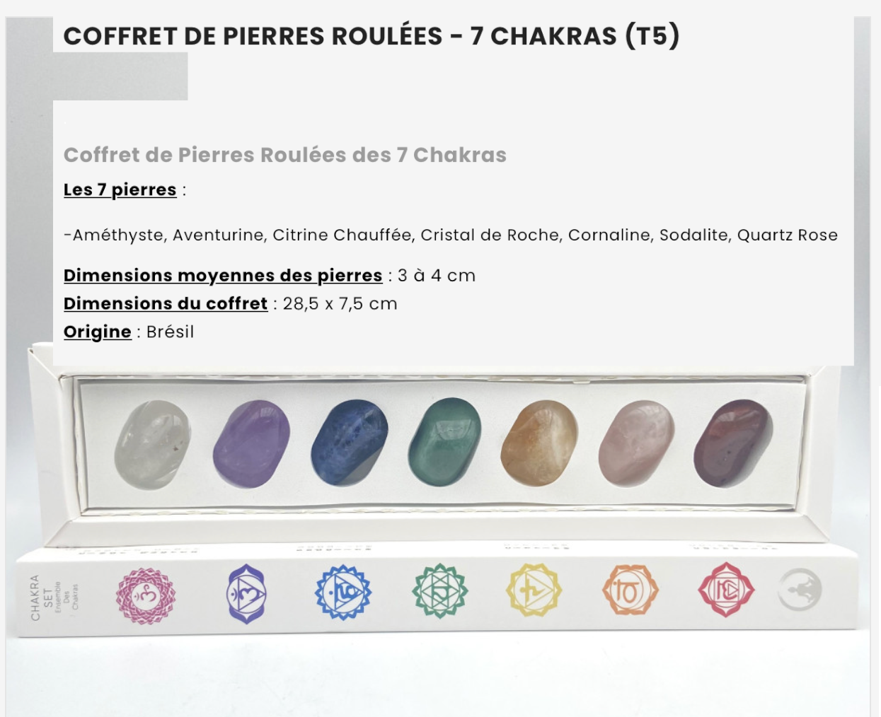 Kit 7 chakras qualité 'Deluxe', 7 pierres de 3 à 4 centimètres. Parfait pour la lithothérapie, en cadeau, en collection...