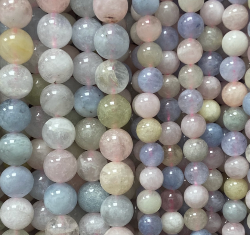 Béryl (Aigue-marine • Morganite • Émeraude) – Perles rondes 6 ou 8 mm • Fil de 38/39 cm • Bracelet 17 à 21 cm • Collier 45 cm • Sautoir 60 cm. Qualité AA à AAA – Superbes perles d’une grande pureté !
