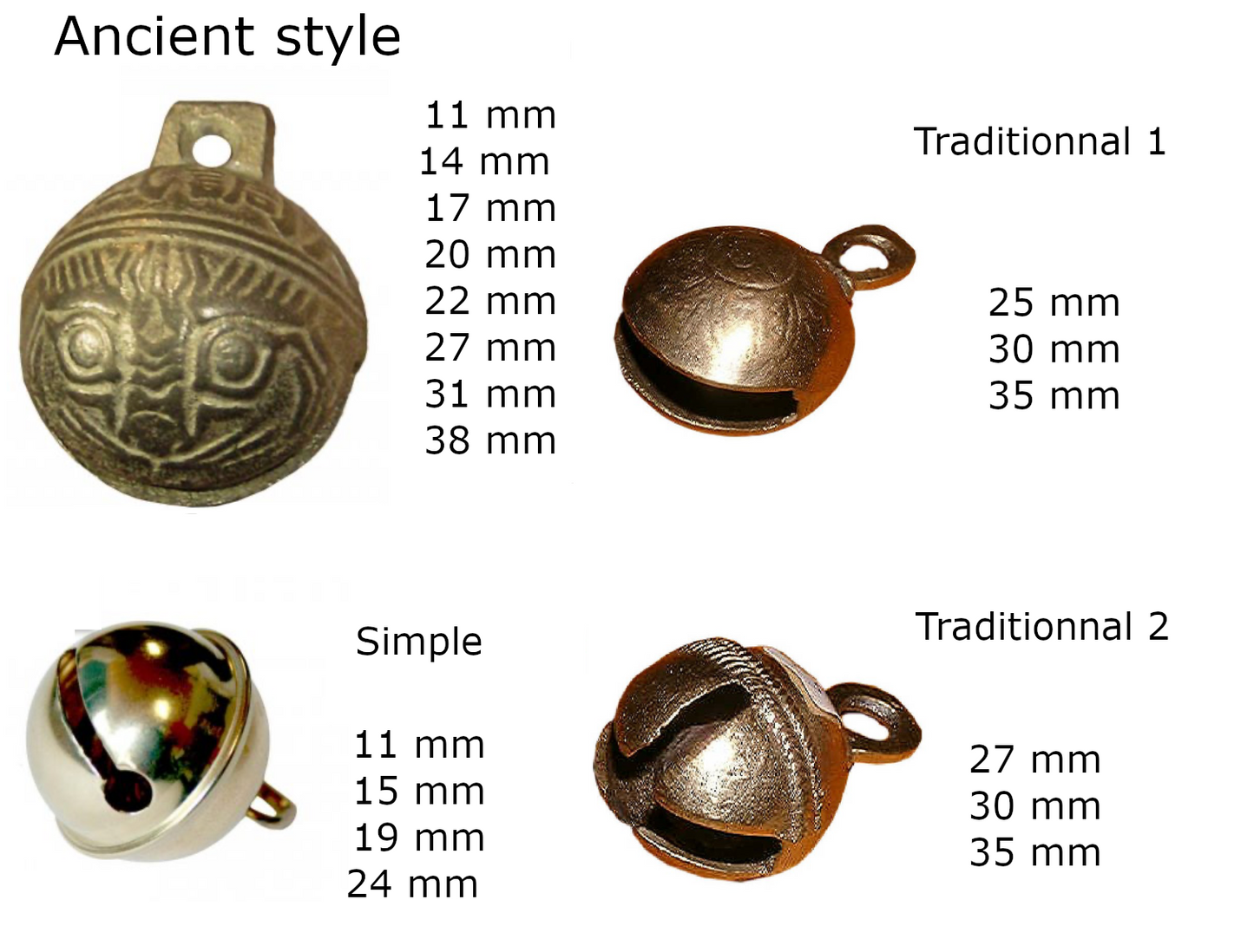 Cloches et clochettes en métal. Styles médiéval, moderne ou classique, de 11 à 38 mm pour instruments et danse !