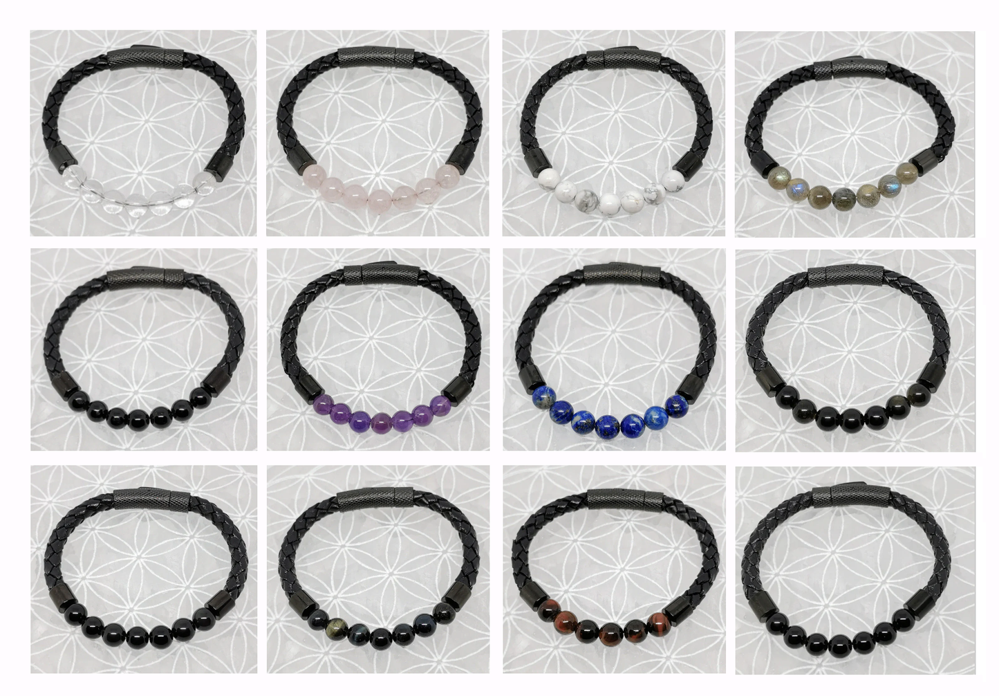 Bracelets cuir avec perles 8 mm – Collection n°3 homme/femme, fermoir magnétique, longueur 18,5 cm.